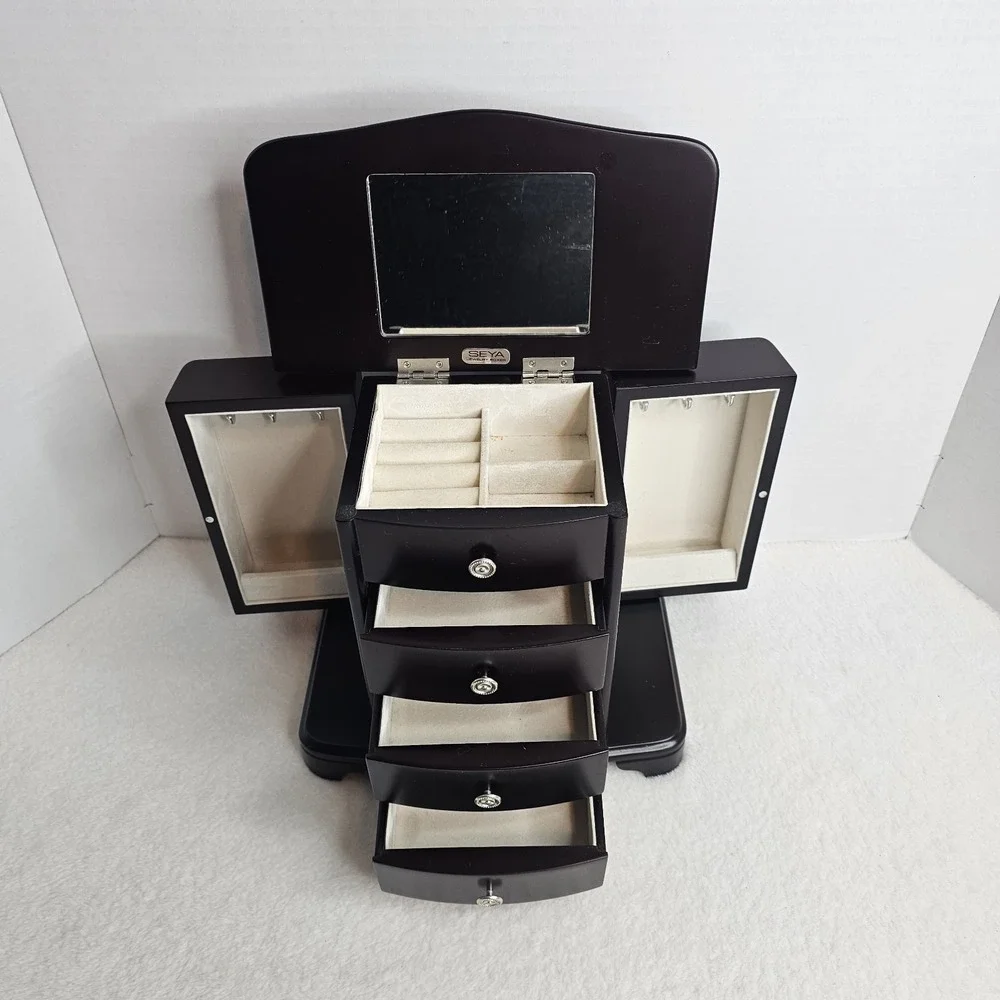 Brown Wooden Jewelry Box with Mirror, Velvet Lining, Drawers, Hooks for Jewelry